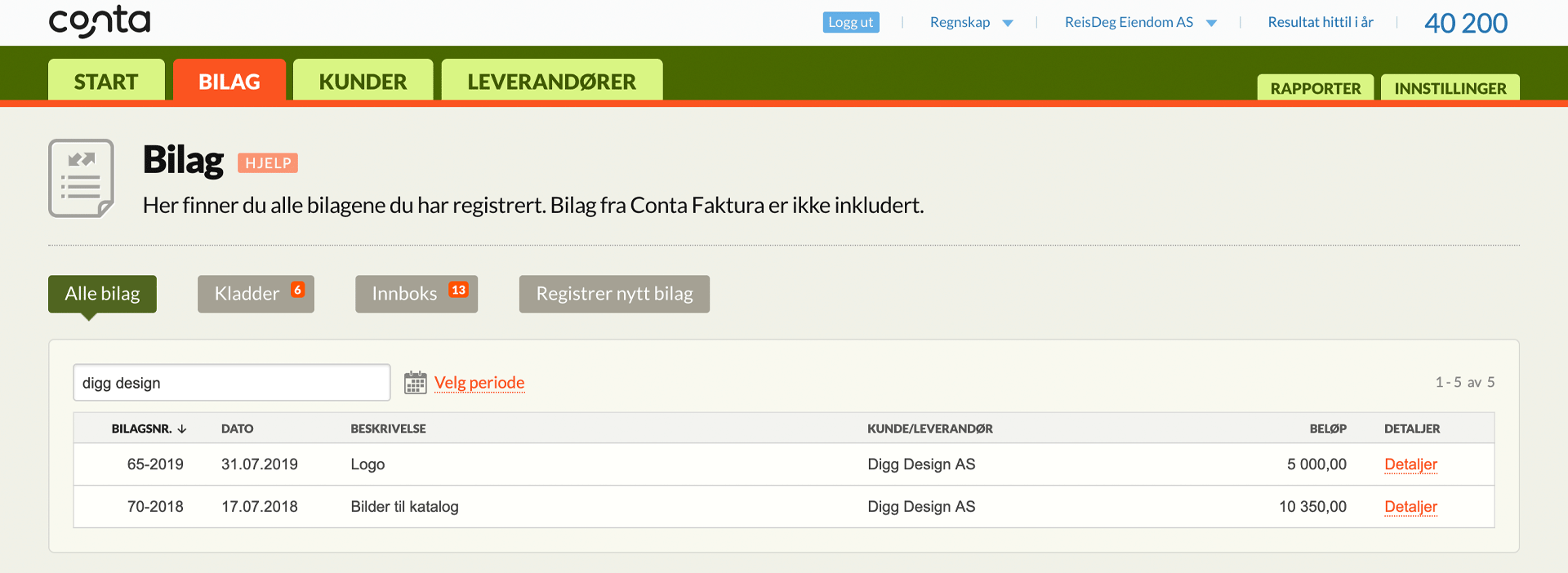 Bilagssøk i Conta