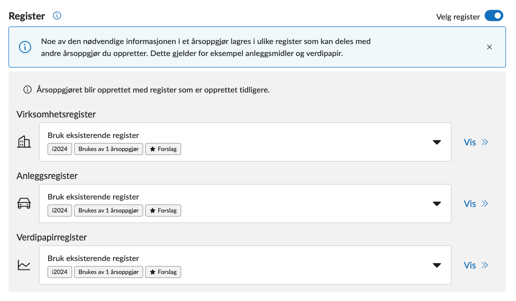 skjermbilde av innstillinger for registre